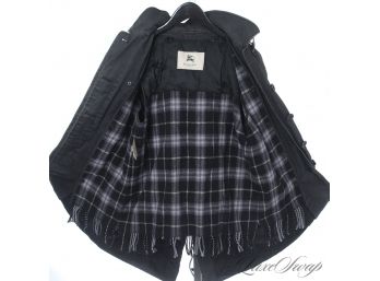 AUTHENTIC BURBERRY DISTRESSED BLACK TWILL BUTTON OUT TARTAN FRINGED LINER HOODED 'FRANCES' COAT 8