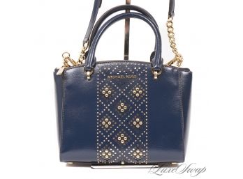 BRAND NEW AND UNUSED AUTHENTIC MICHAEL KORS TEAL BLUE GLOSSED LEATHER CROSSBODY BAG WITH GOLD STUDS