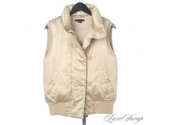 SUNDAY SHINE : THEORY CHAMPAGNE SATIN QUILTED GOOSE DOWN FILLED PUFFER GILET WIND VEST M