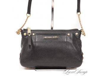 BRAND NEW AND UNUSED AUTHENTIC MICHAEL KORS BLACK GRAINED LEATHER GOLD STUDDED SIDE CROSSBODY BAG