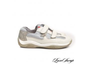 PRADA IVORY LEATHER SILVER MESH AMERICAS CUP LINEA ROSSA SNEAKERS