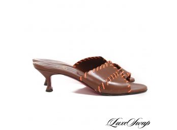 AUTHENTIC CHRISTIAN LOUBOUTIN BROWN LEATHER ORANGE WHIPSTITCH SANDALS