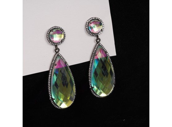 STUNNING .925 STERLING SILVER HALLMARKED FACETED NATURAL STONE EFFECT DROP EARRINGS WITH CRYSTALS