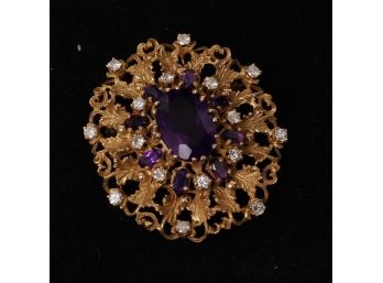 AN EXTRAORDINARY VINTAGE HALLMARKED AND TESTED 14K YELLOW GOLD BROOCH WITH DIAMOND SPRAY AND AMETHYST