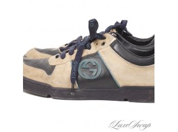 AUTHENTIC GUCCI MADE IN ITALY NAVY AND CREAM SUEDE HUGE GG MONOGRAM 162679 MENS SNEAKERS 7.5