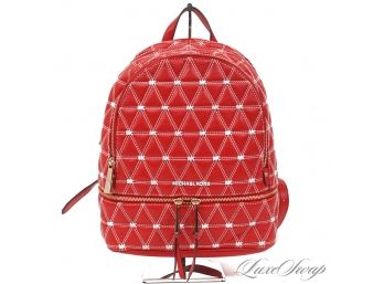 ADORABLE! BRAND NEW WITHOUT TAGS MICHAEL KORS CHERRY RED NAPPA LEATHER WHITE QUILTED MONOGRAM BACKPACK