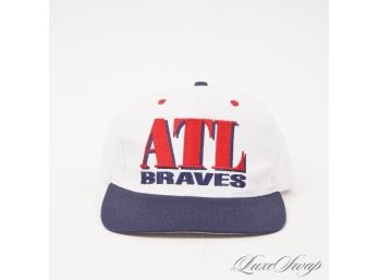 DEADSTOCK VINTAGE NEW WITHOUT TAGS 1990S ATLANTA BRAVES BIG WHITE ATL SPELLOUT SNAPBACK HAT