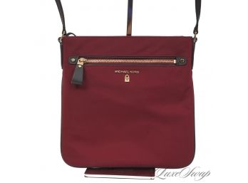 BRAND NEW WITHOUT TAGS MICHAEL KORS CRANBERRY MICROFIBER CROSSBODY BAG WITH BLACK LEATHER TRIM