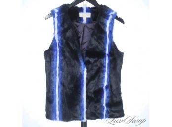 TALK ABOUT EXPENSIVE : BRAND NEW AND UNUSED MICHAEL KORS MIDNIGHT SAPPHIRE BLUE STREAKED FAUX FUR VEST M