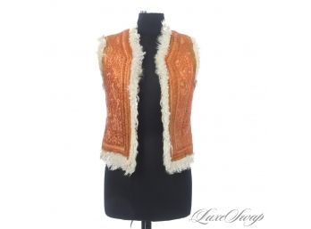 BOHO TO THE MAX : VINTAGE REVERSIBLE CURLY LAMB SHEARLING FUR AND FLORAL ALLOVER EMBROIDERED VEST