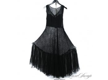 THIS IS BEAUTIFUL : VINTAGE 1950S 1960S BLACK LACE UNLINED DRESS WITH DROP HEM AND INTERNAL CORSET