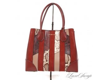 BRAND NEW WITHOUT TAGS MICHAEL KORS GORGEOUS BRANDY RED MERCER BAG WITH PYTHON PRINT STRIPS