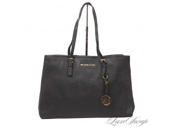 BRAND NEW WITHOUT TAGS MICHAEL KORS BLACK LEATHER SAFFIANO LEATHER DOUBLE STRAP TOTE BAG WITH MK MONOGRAM COIN