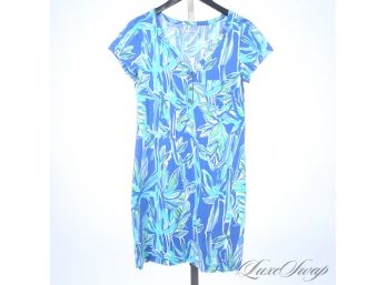 AUTHENTIC AND LIKE NEW LILY PULITZER BLUE GREEN PIMA COTTON ALLOVER PRINT UNLINED DRESS M