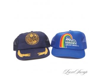 LOT OF TWO DEADSTOCK NEW WITHOUT TAGS FLORIDA DELRAY BEACH AND STATE SEAL BLUE TRUCKER SNAPBACK HAT