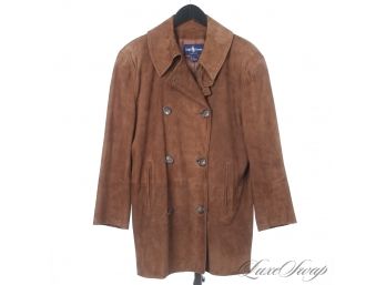 EXTREMELY EXPENSIVE AND COLLECTIBLE VINTAGE RALPH LAUREN MADE IN USA TOBACCO CHEVRE SUEDE WOMENS PEACOAT L