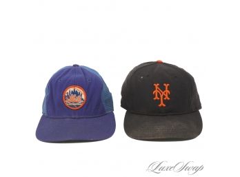 LOT OF TWO 1990S NEW YORK METS BLACK AND BLUE FITTED AND MESH SNAPBACK BASEBALL HATS