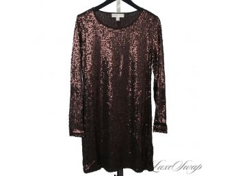 BRAND NEW WITH TAGS $175 MICHAEL KORS CHOCOLATE BROWN FULL SEQUIN EMBROIDERED LONGSLEEVE SACK DRESS M