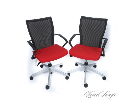 #8 LOT OF TWO BRAND NEW HAWORTH MADE IN THE USA X99 MESH BACK TELESCOPIC CONFERENCE RED SEAT CHAIRS