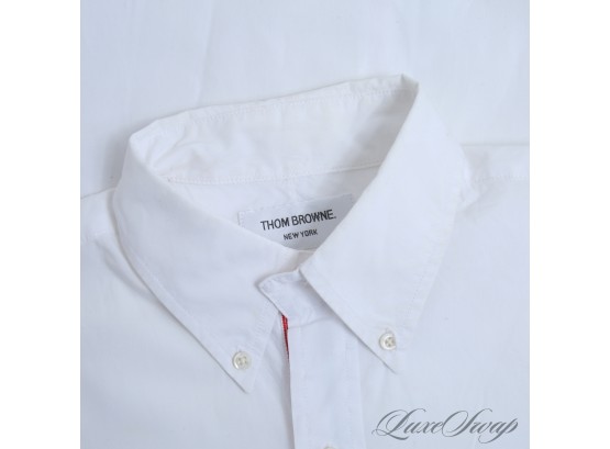 VERY RARE AND AUTHENTIC THOM BROWNE MENS WHITE BUTTON DOWN SHIRT WITH R/W/B GROSGRAIN TRIM PLACKET 1