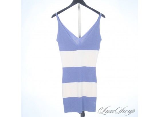 LUXURIOUS TSE CASHMERE AND SILK PERIWINKLE AND IVORY BLOCK STRIPE LONG KNIT TANK TOP S