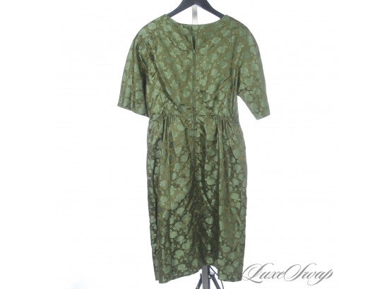 VINTAGE 1960S SCHREIER NEW YORK OLIVE GREEN JACQUARD FLORAL 'LADIES WHO LUNCH' DRESS TALON ZIPPERS