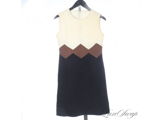 WHOA : VINTAGE 1960S STACEY AMES CREAM BROWN AND BLACK ZIG ZAG COLORBLOCK TWEED DRESS 10