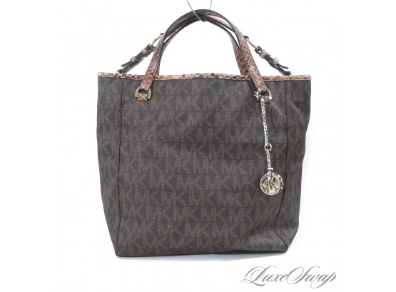 BRAND NEW WITHOUT TAGS AUTHENTIC MICHAEL KORS BROWN MK MONOGRAM COATED CANVAS AND PYTHON PPRONT TRIM TOTE BAG
