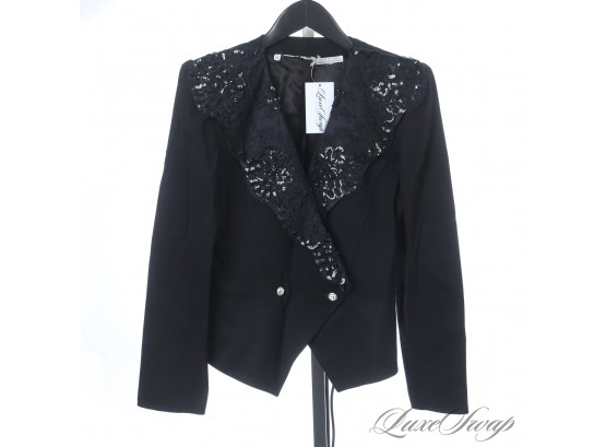 HEADS WILL TURN : VINTAGE 1980S EMANNUEL UNGARO BLACK SEQUIN AND LACE EMBROIDERED CRYSTAL BTN JACKET 12