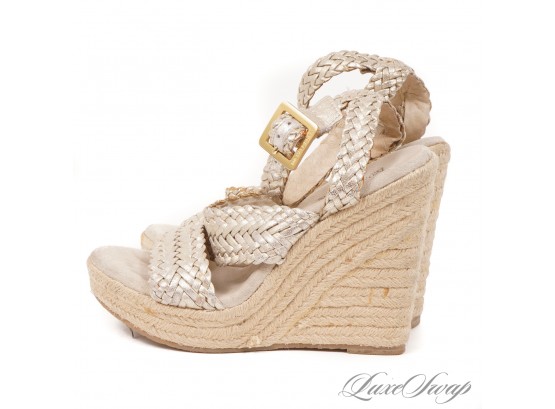 SUMMER READY! MICHAEL KORS PLATINE GOLD WASHED BRAIDED LEATHER ROPE WEDGE SOLE SANDALS 5.5
