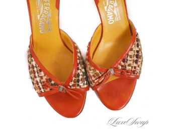 THESE ARE FREAKING CUTE Y'ALL - SALVATORE FERRAGAMO CORAL LEATHER TRIMMED FANTASY TWEED KITTEN HEEL SHOES 9