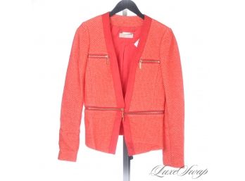 BRAND NEW WITHOUT TAGS MICHAEL KORS BLAZING CORAL ORANGE SUMMER TWEED JACKET WITH ULTRASUEDE TRIM