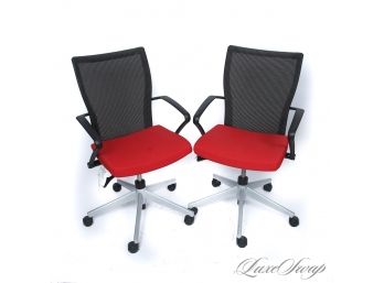 #8 LOT OF TWO BRAND NEW HAWORTH MADE IN THE USA X99 MESH BACK TELESCOPIC CONFERENCE RED SEAT CHAIRS