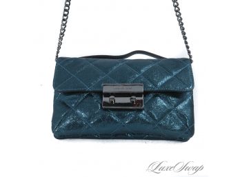 BRAND NEW WITHOUT TAGS AUTHENTIC MICHAEL KORS METALLIC PEACOCK BLUE QUILTED ANTHRACITE CHAIN FLAP BAG