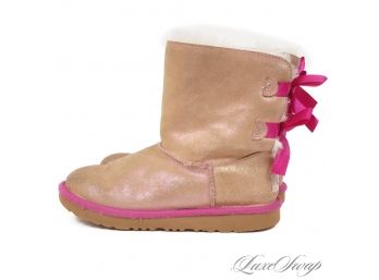 THE CUTEST! AUTHENTIC UGG PINK PEARLESCENT GLAZED SHEEPSKIN SHEARLING BOOTS WITH RIBBON TIE 4