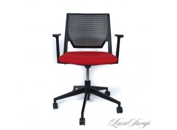 #6 BRAND NEW HAWORTH MADE IN USA MESH BACK TELESCOPIC CONFERENCE CHAIR WITH RED SEAT