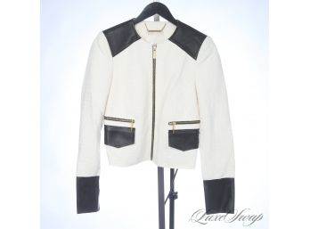 BRAND NEW WITHOUT TAGS MICHAEL KORS CREAM WAVE BOUCLE TWEED AND BLACK LEATHER EFFECT TRIM JACKET