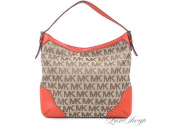 BRAND NEW WITHOUT TAGS AUTHENTIC MICHAEL KORS BROWN MK MONOGRAM CANVAS ORANGE LEATHER TRIMMED SHOULDER BAG