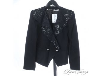 HEADS WILL TURN : VINTAGE 1980S EMANNUEL UNGARO BLACK SEQUIN AND LACE EMBROIDERED CRYSTAL BTN JACKET 12