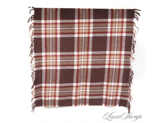AWESOME VINTAGE FARIBO MILLS, MINNESOTA BROWN RED AND WHEAT TARTAN PLAID SOFT FRINGED THROW BLANKET