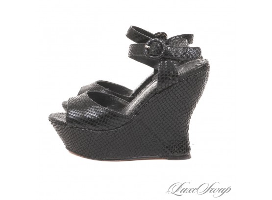 EXPENSIVE AND LIKE NEW 1X WORN ALICE & OLIVIA BLACK SNAKESKIN PRINT WEDGE STRAPPY SANDALS 35.5