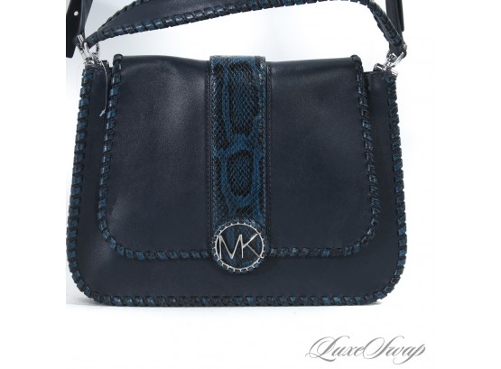BRAND NEW WITHOUT TAGS AUTHENTIC MICHAEL KORS MARINE BLUE BRAIDED EDGE SNAKESKIN PRINT CONVERTIBLE BAG