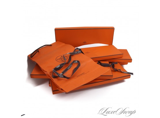 LOT OF 8 ASSORTED AUTHENTIC HERMES ORANGE SHOPPING BAG MENS TIE BOXES AND ASSORTED HERMES RIBBONS