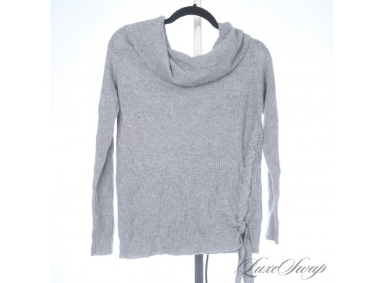 MODERN ROI HEATHER GREY RIBBED OVERSIZE TURTLENECK WITH BRAIDED RUCHED SIDE SWEATER S