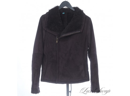 EVERYONE IS GOING TO WANT TO HUG YOU : VELVET CHOCOLATE BROWN ULTRASUEDE FAUX SHEARLING LINED COAT L