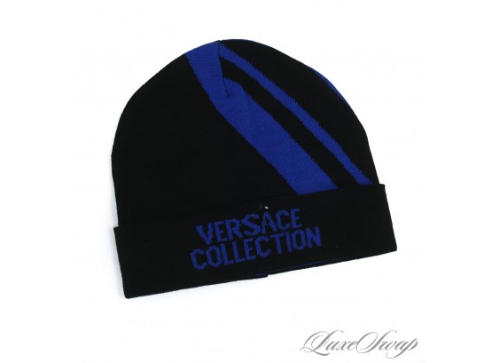 BRAND NEW WITH TAGS VERSACE COLLECTION BLACK AND ROYAL BLUE STRIPE BEANIE HAT