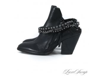 BRAND NEW WITHOUT BOX DOLCE VITA BLACK LEATHER MOTORCYCLE STUDDED ANKLE STRAP OPEN BACK BOOTIES 8.5