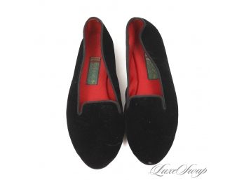 LIKE NEW WITHOUT BOX UNISA BLACK VELVET PLAIN RUBY RED GROSGRAIN LINED SMOKING LOAFERS 8