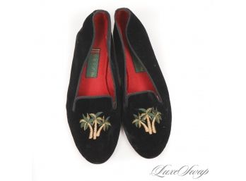 LIKE NEW WITHOUT BOX UNISA BLACK VELVET TRIPLE PALM TREE RUBY RED GROSGRAIN LINED SMOKING LOAFERS 7.5