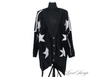 LIKE NEW AND COMPLETE LUXE ULTRASOFT SHAGGY POL BLACK CARDIGAN WITH WHITE STARS S